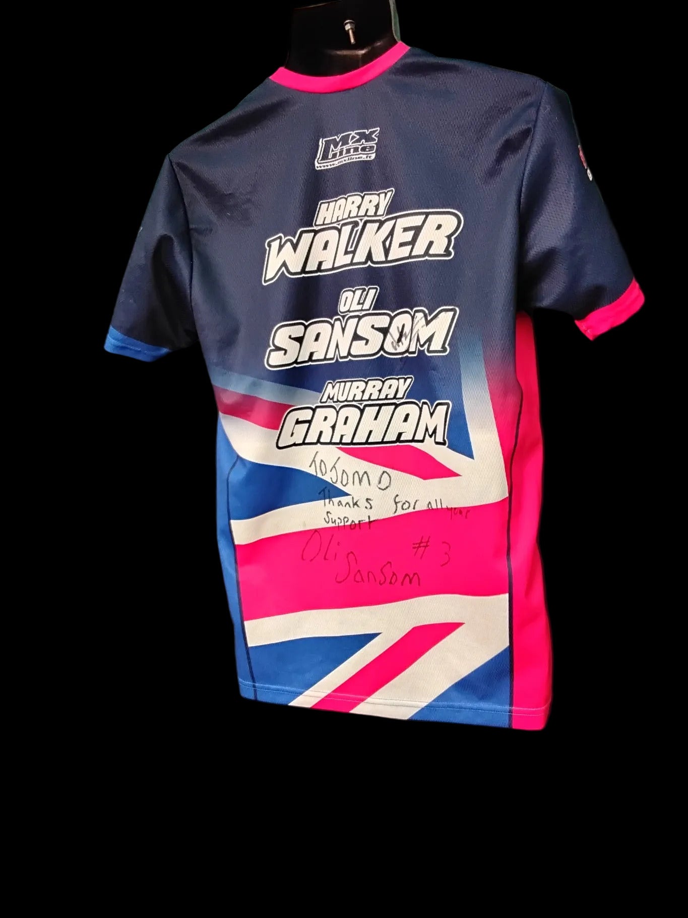 World Cup motorcycle T shirt with bold graphics and pink accents