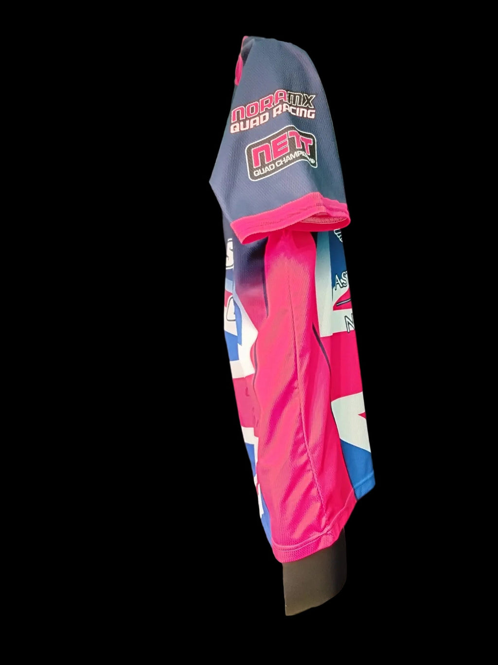 World Cup motorcycle-themed sports jersey with bold graphics and pink accents
