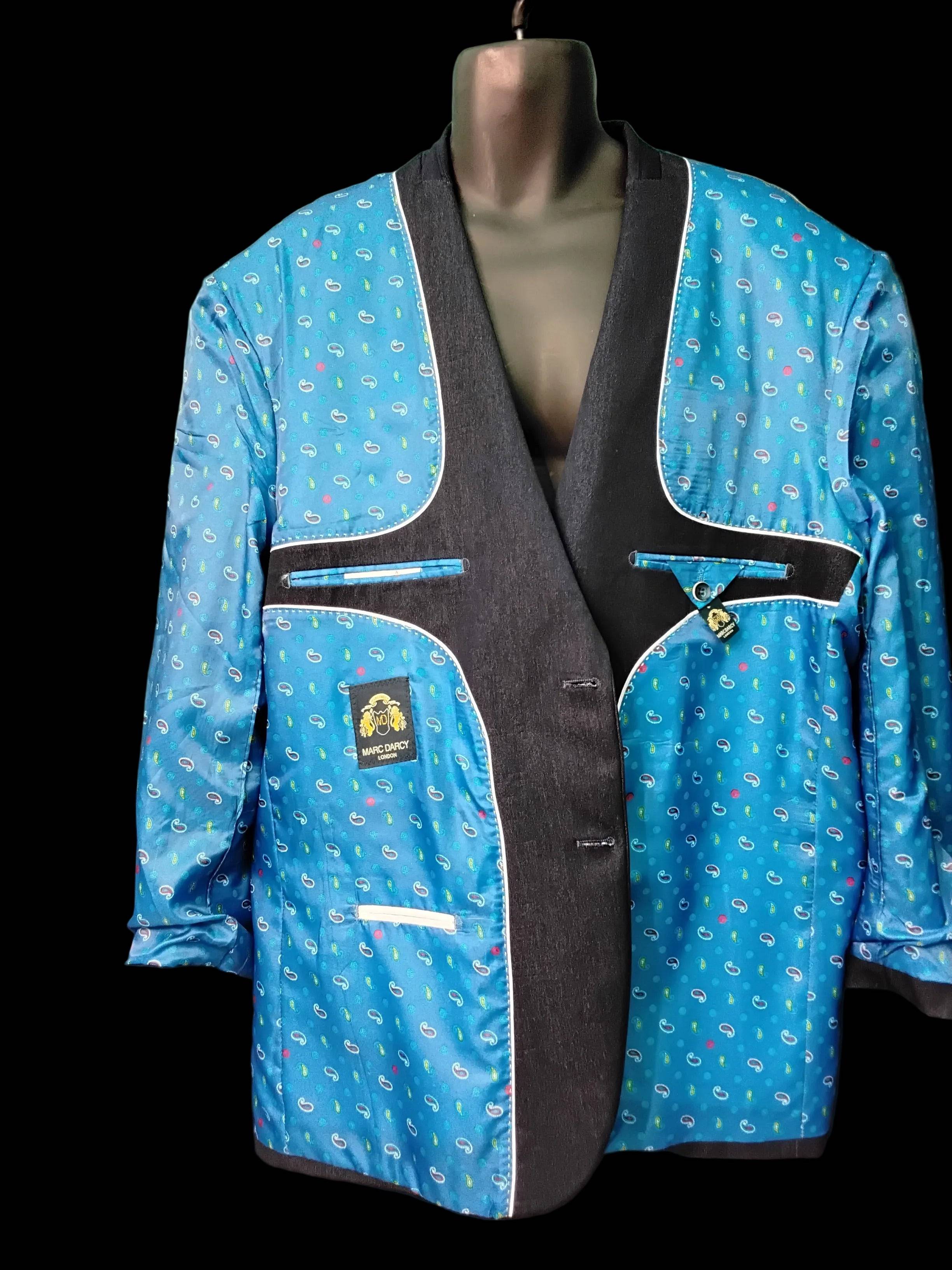Stylish men's blazer with blue patterned fabric and black accents