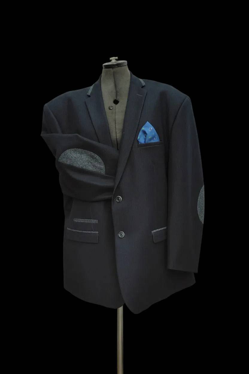 Men's blazer with elbow patches and blue pocket square