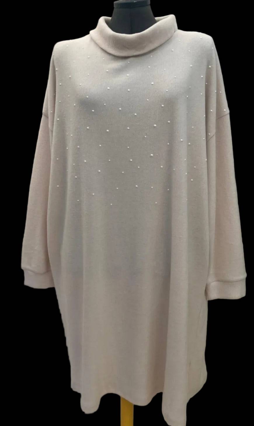 Cream cowl neck midi jumper dress with pearl embellishments