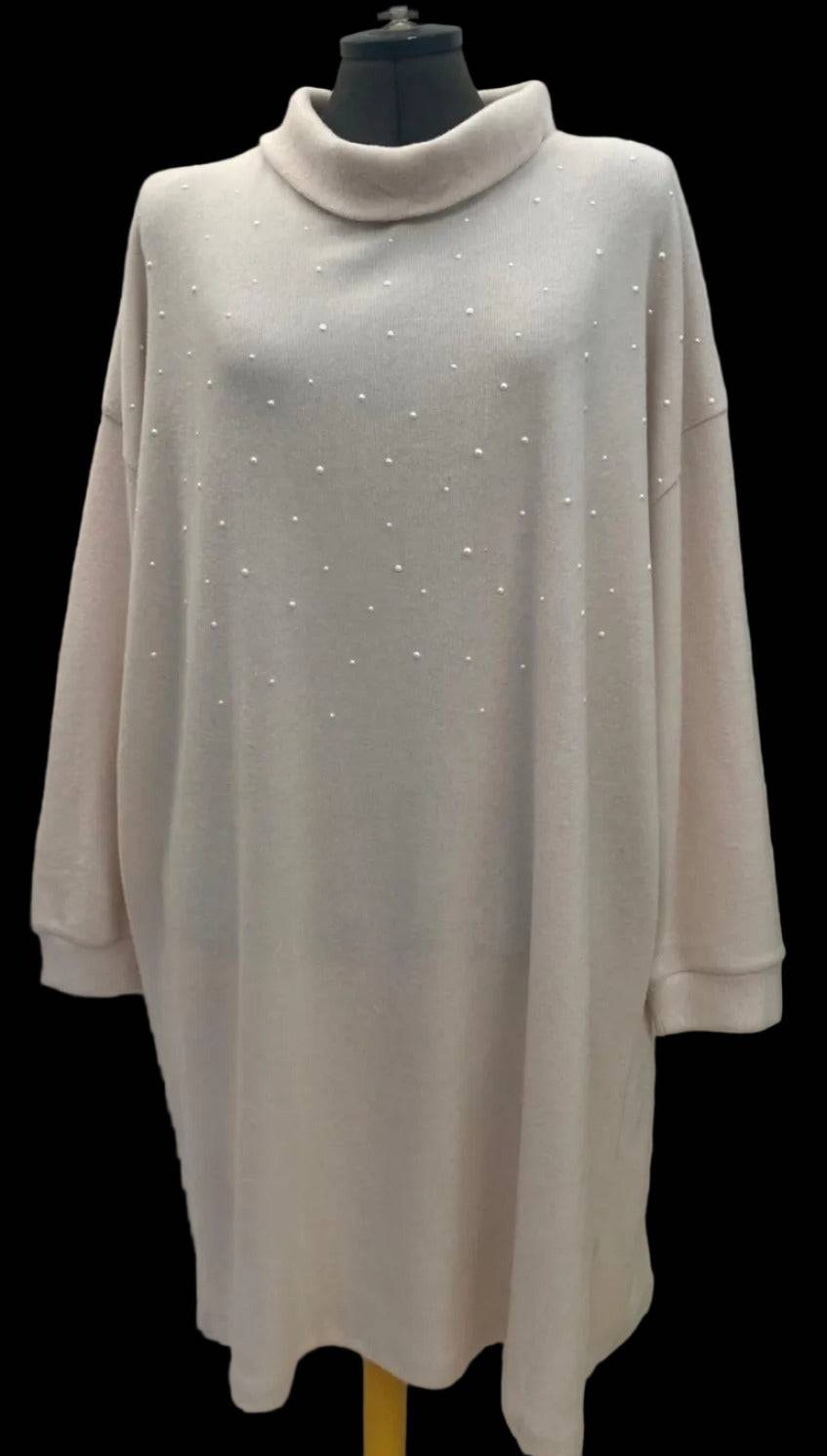 Cream cowl neck midi jumper dress with pearl embellishments
