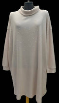 Cream cowl neck midi jumper dress with pearl embellishments