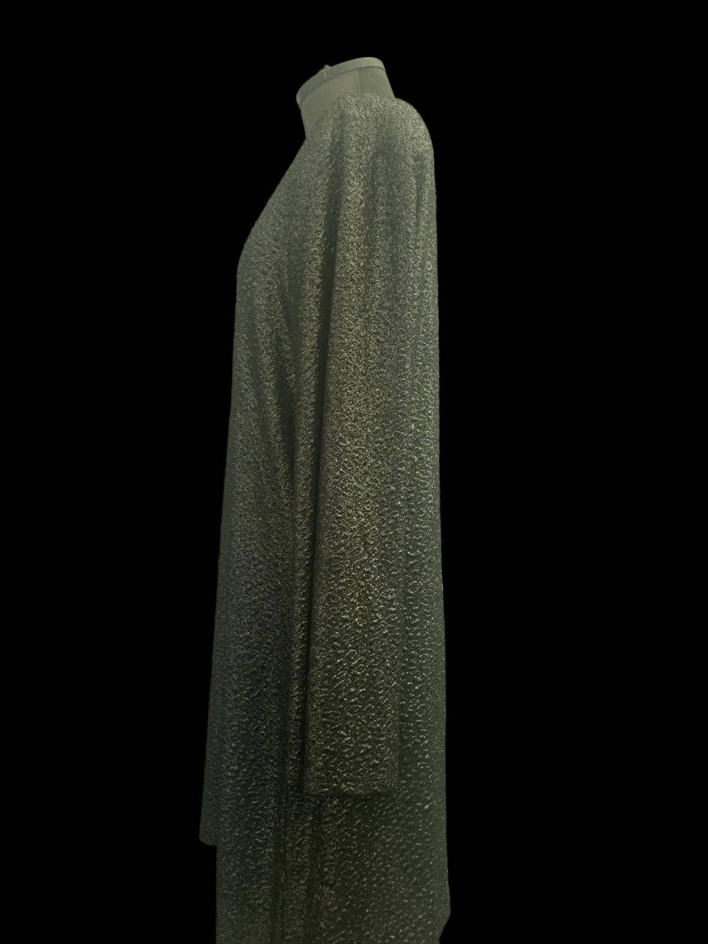 Side view of long sleeve dress with glittery textured fabric for versatile styling