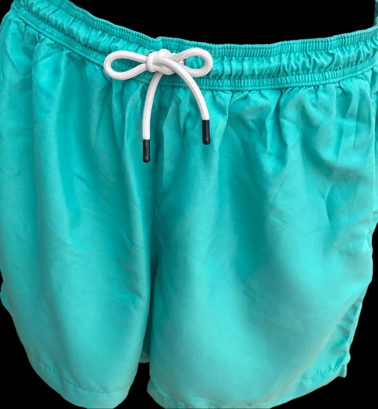 Mens turquoise swim shorts with white drawstring