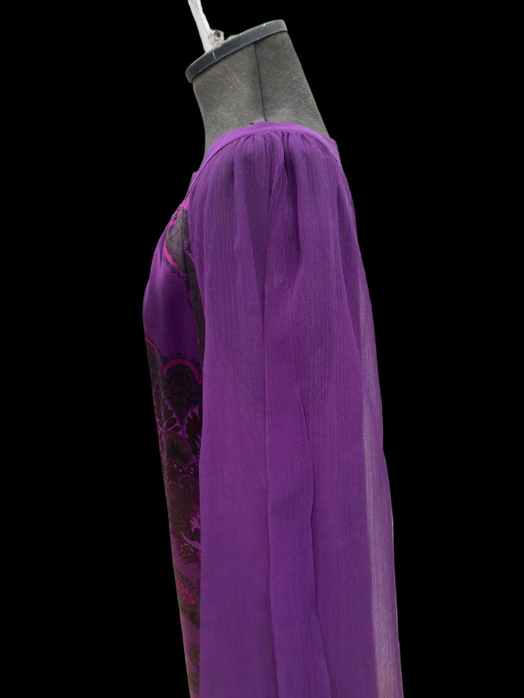 Purple silk dress label with size details
