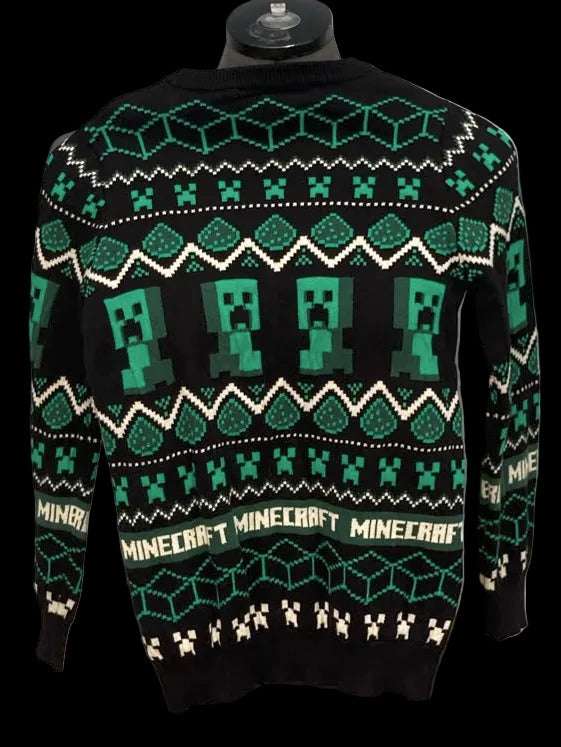Back view of Minecraft boys Christmas sweater with Creeper pattern