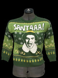 Green Christmas jumper with Santa face and festive patterns