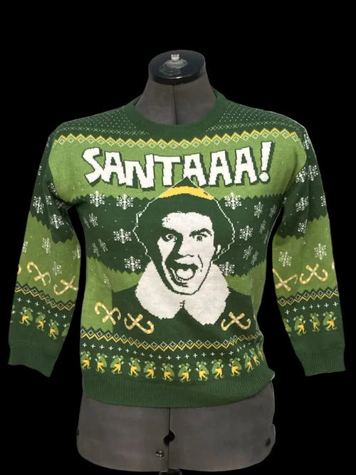 Green Christmas jumper with Santa face and festive patterns