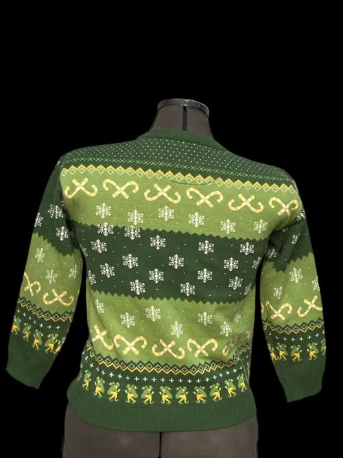 Back view of green holiday sweater with snowflakes and reindeer